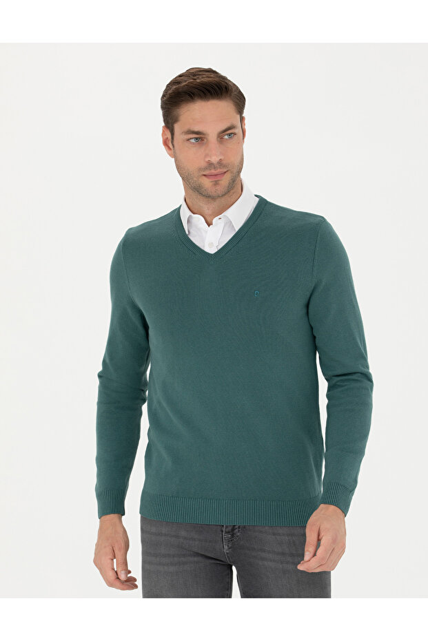 Green Slim Fit V-Neck Basic Knitwear Sweater 50276156-Vr054