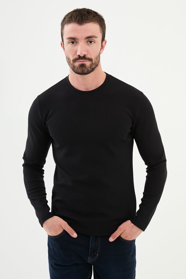 Plain Slim Fit Crew Neck Long Sleeve Men's T-Shirt Black - 36839.24K