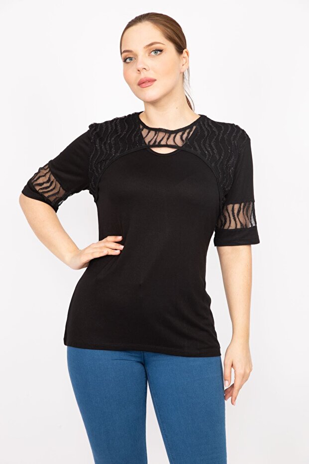 Women's Black Plus Size Flocked Tulle Detailed Blouse 65n35880