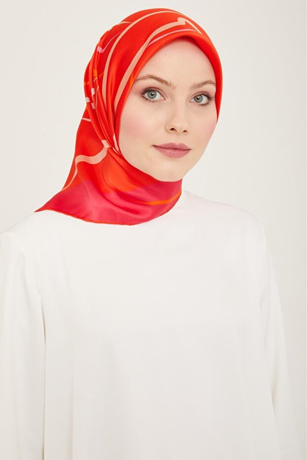 Mercan-pembe Dijital Çiçek Desen Sura Ipek Eşarp 9115-50
