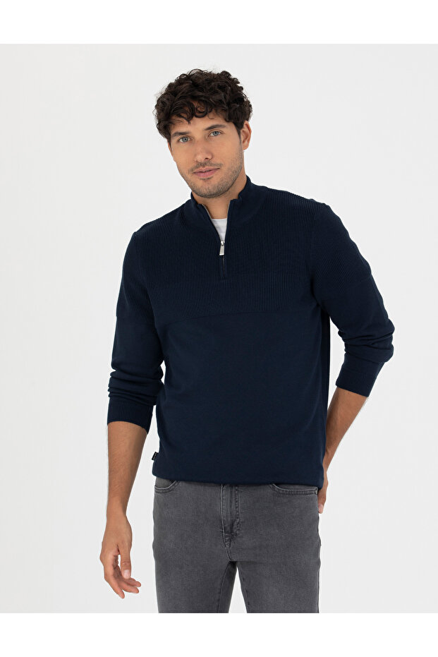 Navy Blue Slim Fit Zippered Stand Collar Sweater 50278093-Vr033
