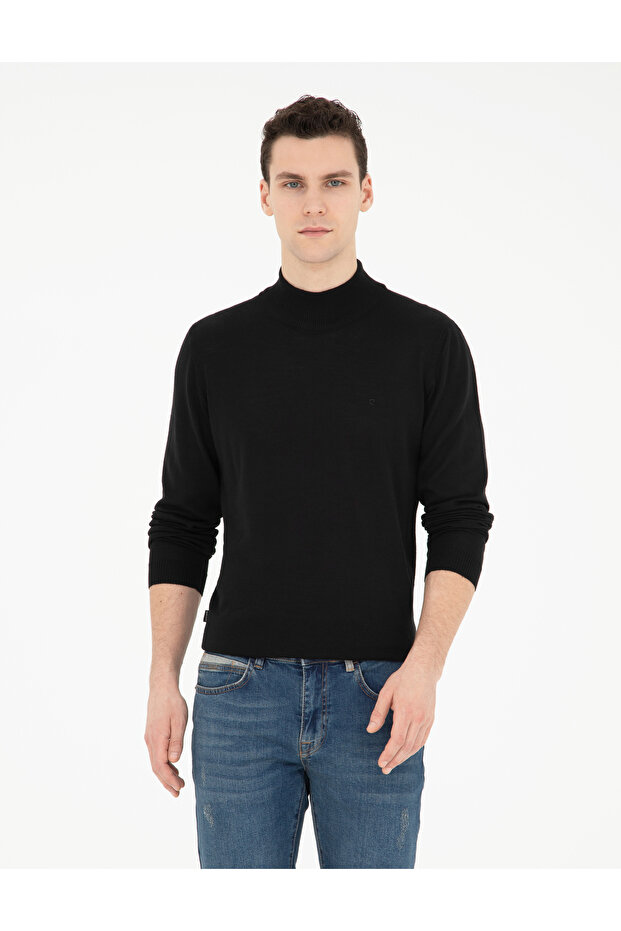 Black Slim Fit Half Turtleneck Wool Blended Basic Knitwear Sweater 50270055-Vr046