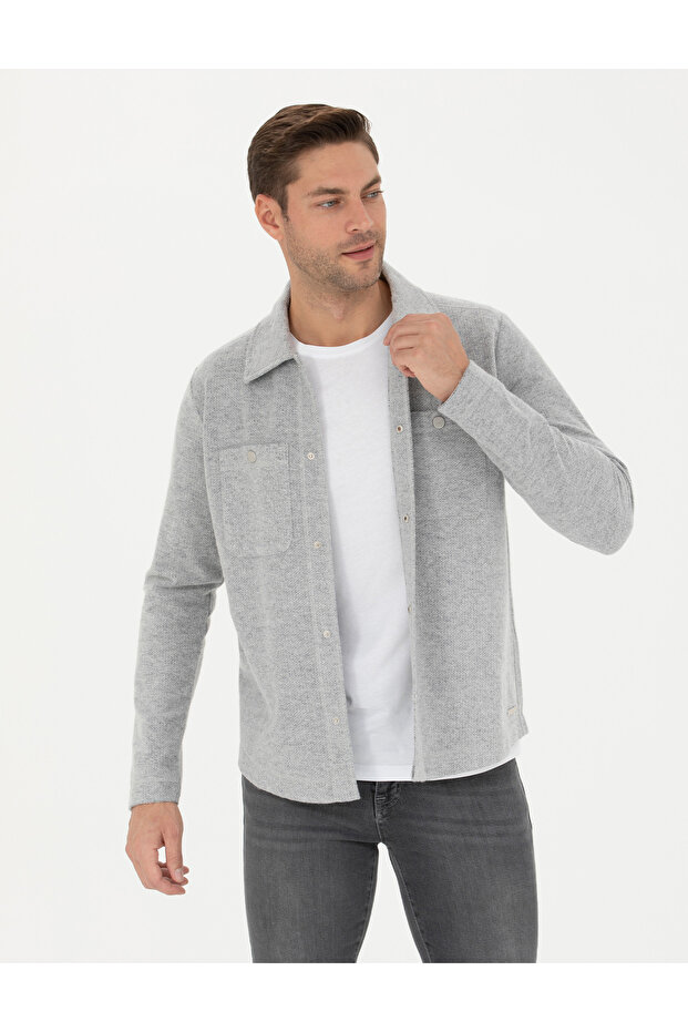 Gray Melange Classic Collar Double Pocket Regular Fit Knitted Shirt Jacket 50280182-Vr086