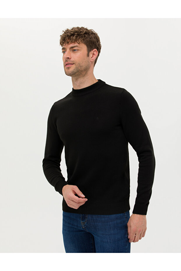 Black Slim Fit Quarter Collar Basic Knitwear Sweater 50276158-Vr046