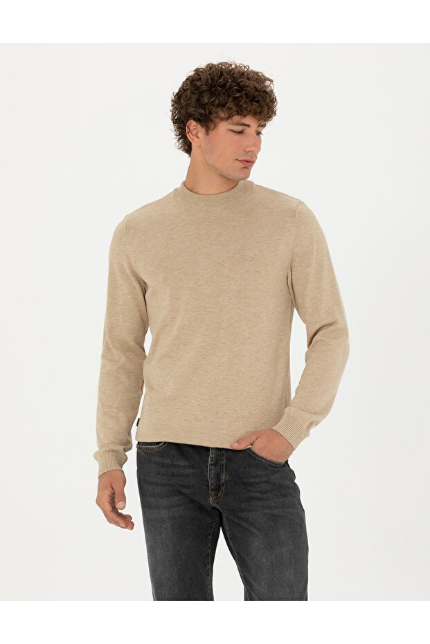 Stone Melange Slim Fit Quarter Collar Basic Knitwear Sweater 50276158-Vr225