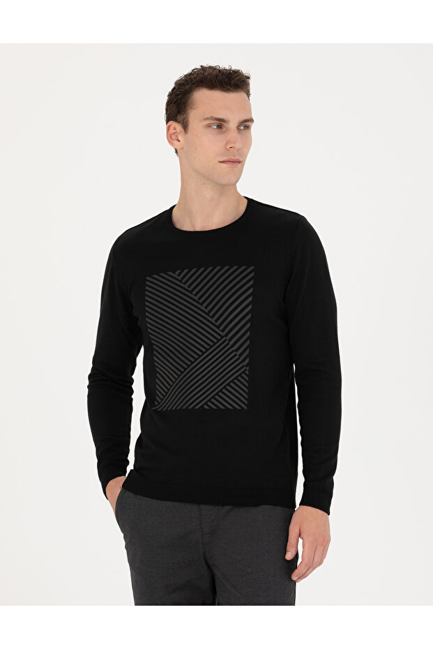Black Slim Fit Crew Neck Sweater 50278080-Vr046