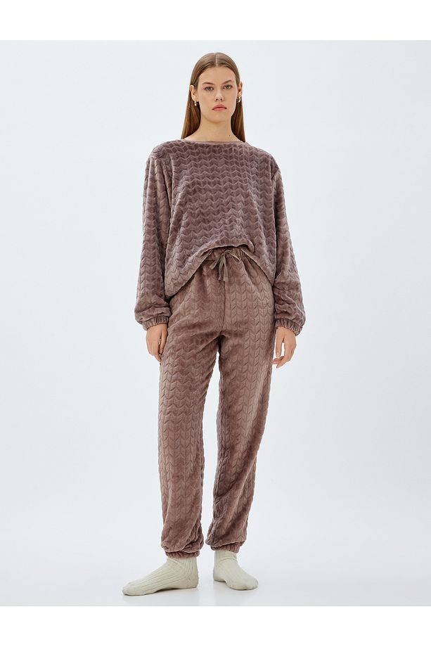 Örme Polar Pijama Üstü Lastikli Manşet Bisiklet Yaka Dokulu - 2