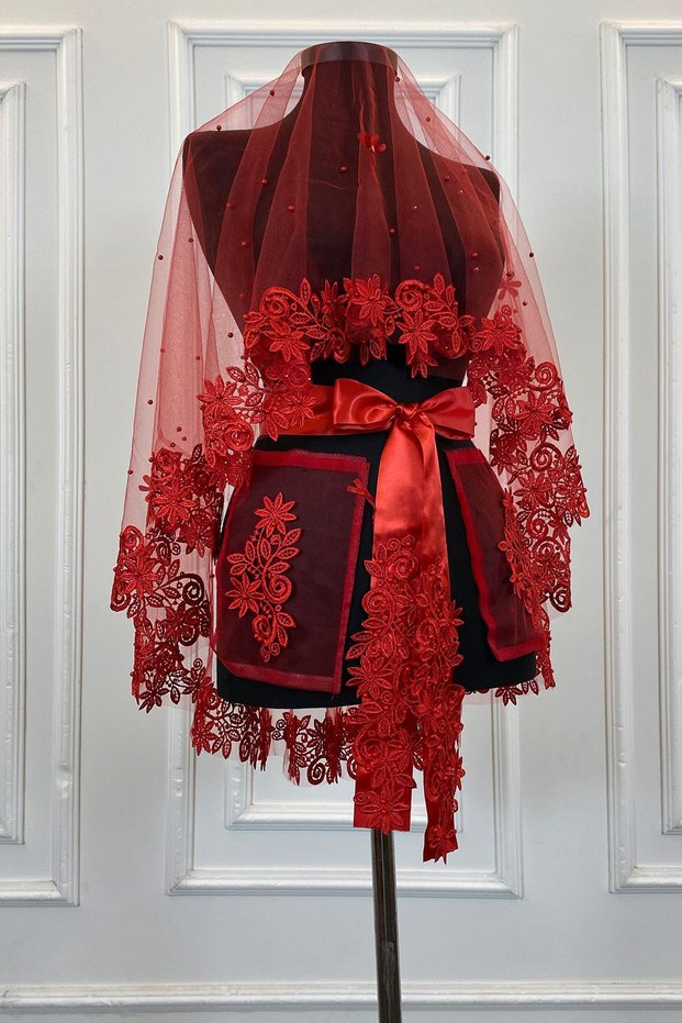 Red Bridal Veil Set, Guipure and Pearl Decorated Henna Night Veil Alı Cover 6 Pieces