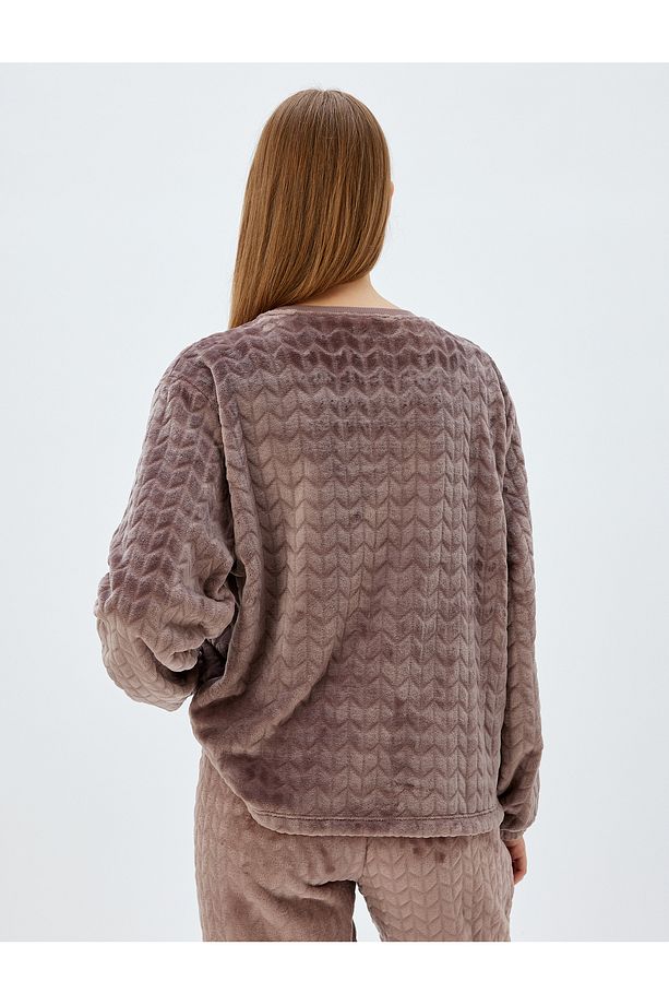Örme Polar Pijama Üstü Lastikli Manşet Bisiklet Yaka Dokulu - 4
