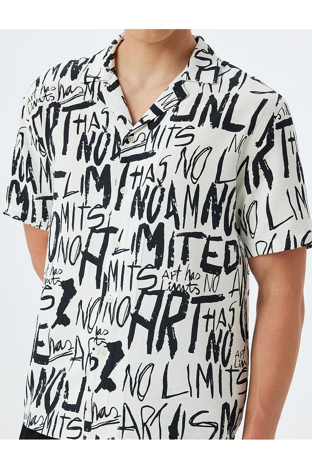 Slogan Baskılı Gömlek Kısa Kollu Viskon Regular Fit - 5