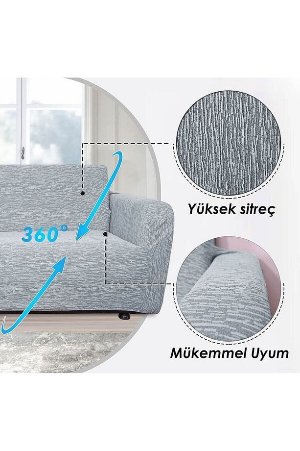 Streç Lastikli Esnek Yıkanabilir Pamuklu 3 3 1 1 Jakarlı Antrasit Koltuk Örtüsü Takımı Koltuk Kılıfı - 4