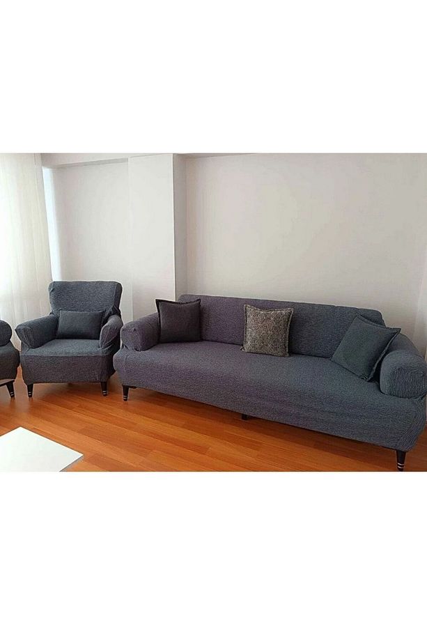 Streç Lastikli Esnek Yıkanabilir Pamuklu 3 3 1 1 Jakarlı Antrasit Koltuk Örtüsü Takımı Koltuk Kılıfı - 3