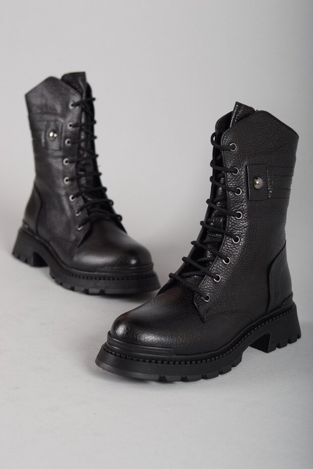 10024 Genuine Leather Women's Combat Boots Black