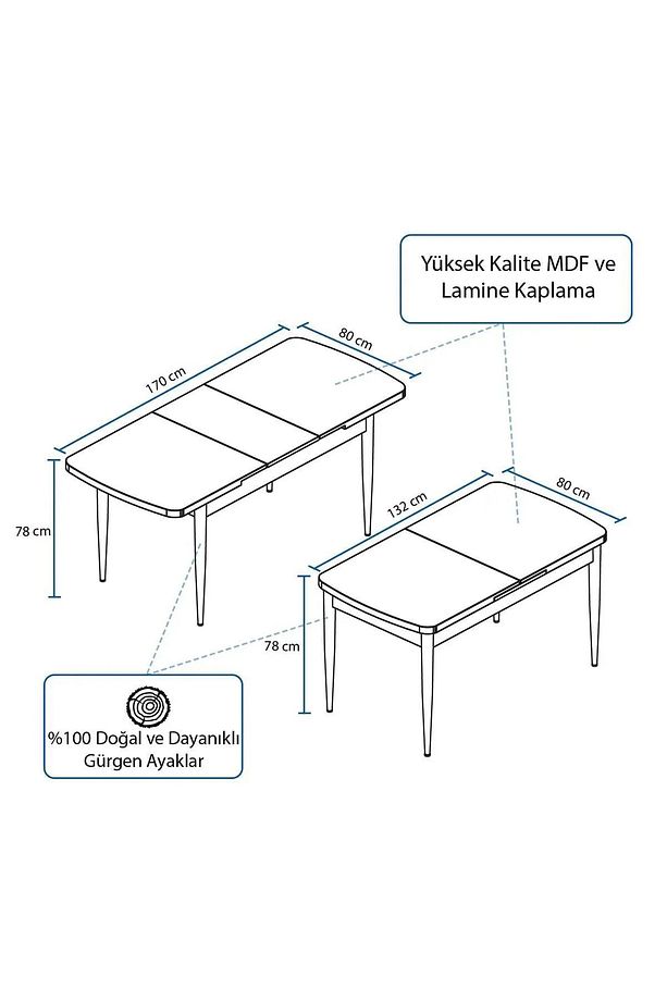 Flora Serisi, 80x132 Açılabilir Meşe Desen Mdf Mutfak Masası, Yemek Masası - 2
