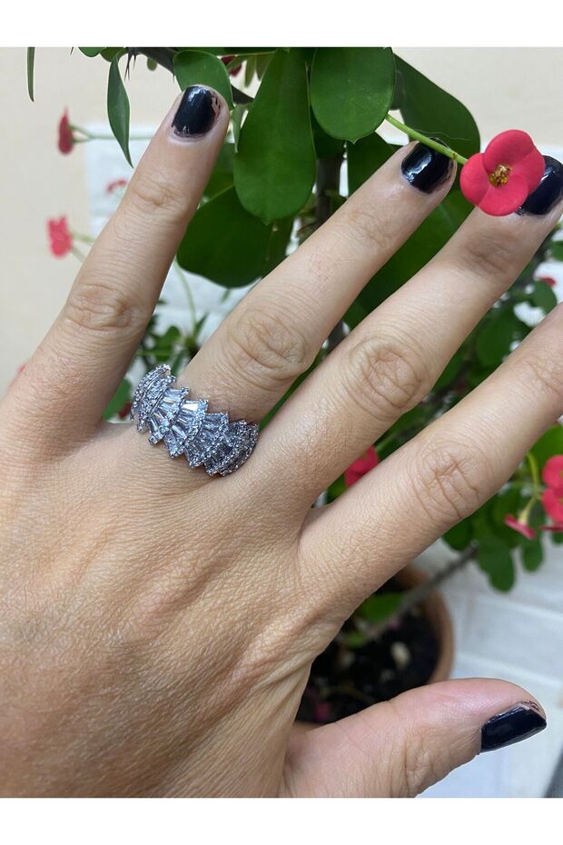 Fan Model Baguette and Zircon Stone Ring - Adjustable Women's Ring - Gift