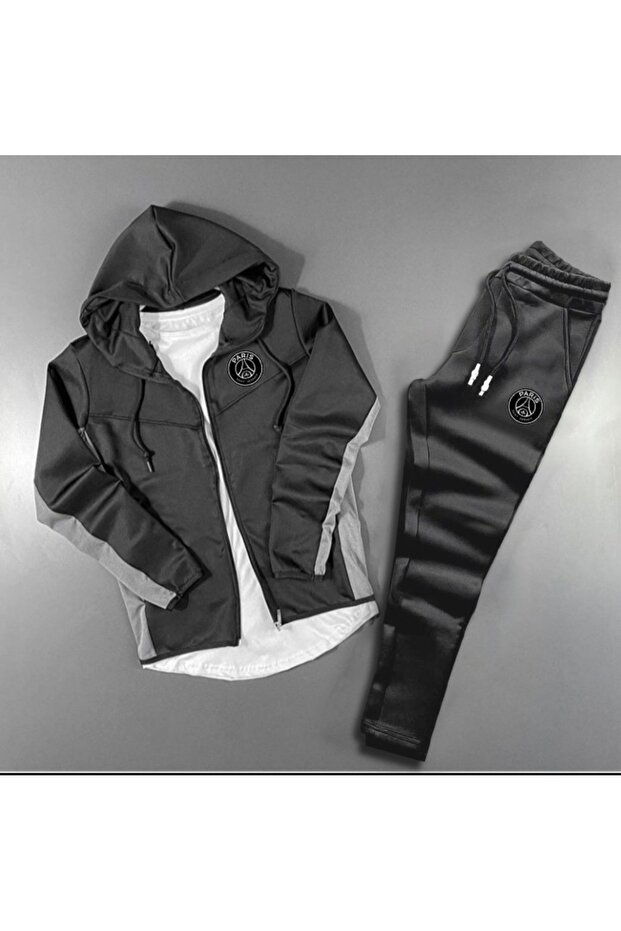 Black Scuba Printed Hooded Tracksuit Top and Bottom Set