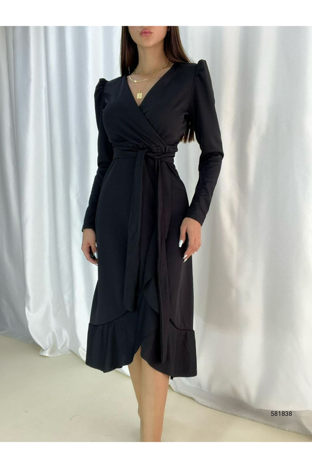Crepe Fabric Midi Length Belted Long Sleeve Dress 113 Cm