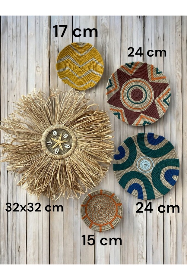 5Lİ BOHEM EL YAPIMI HASIR DUVAR TABAĞI SETİ - ETNİK - 4