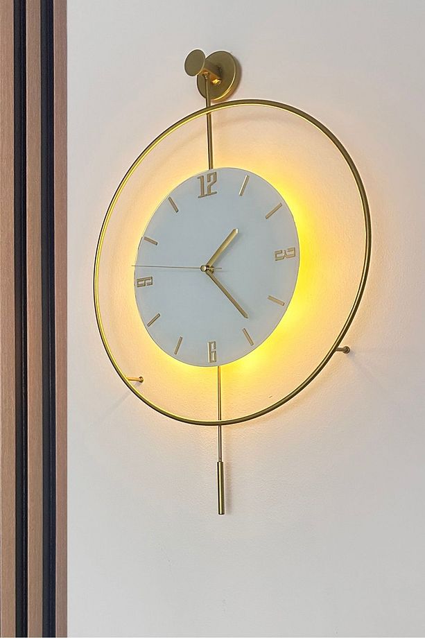 Led'li Gold Tiktok Kristal (ORTA BOY 40X60 CM), Modern Dekoratif Sarkaçlı Metal Duvar Saati - 7