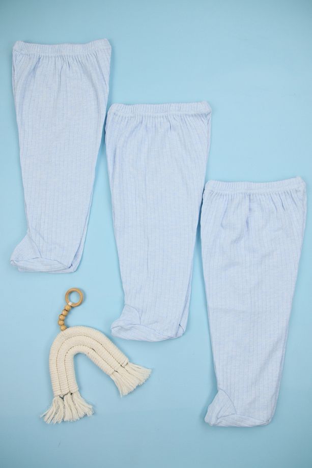 Fitilli Kumaş %100 Pamuk 3'lü Patikli Mavi Bebek Tek Alt Seti, Bebek Pijama Altı - 1