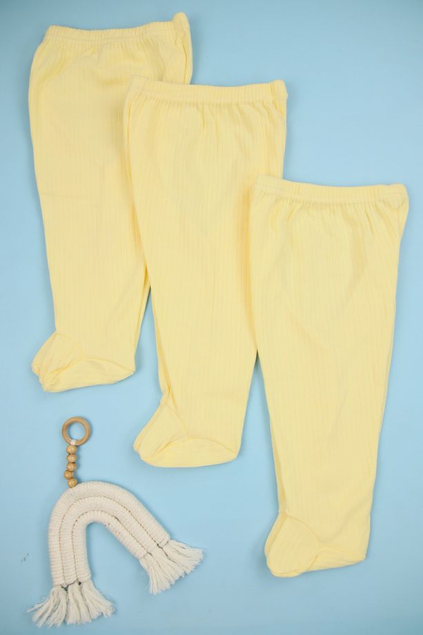 Fitilli Kumaş %100 Pamuk 3'lü Patikli Sarı Bebek Tek Alt Seti, Bebek Pijama Altı - 2