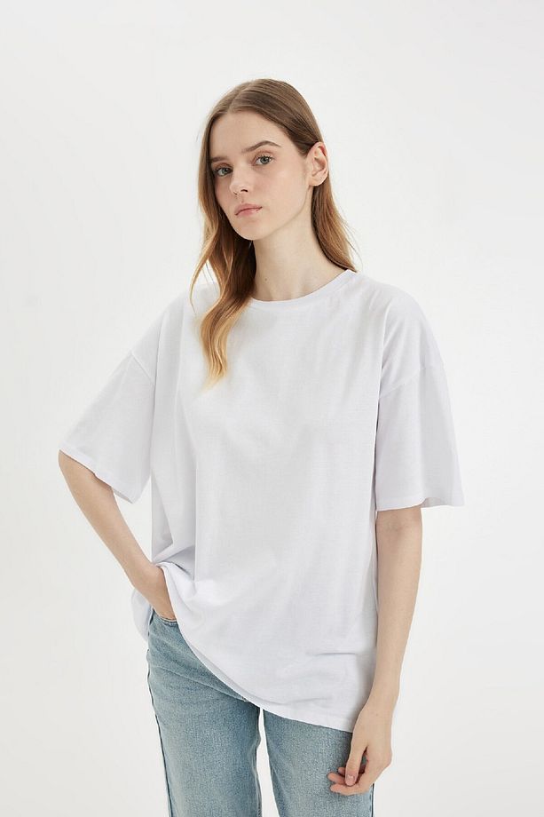 Oversize Fit Bisiklet Yaka Kısa Kollu Tişört V4136AZNS - 3
