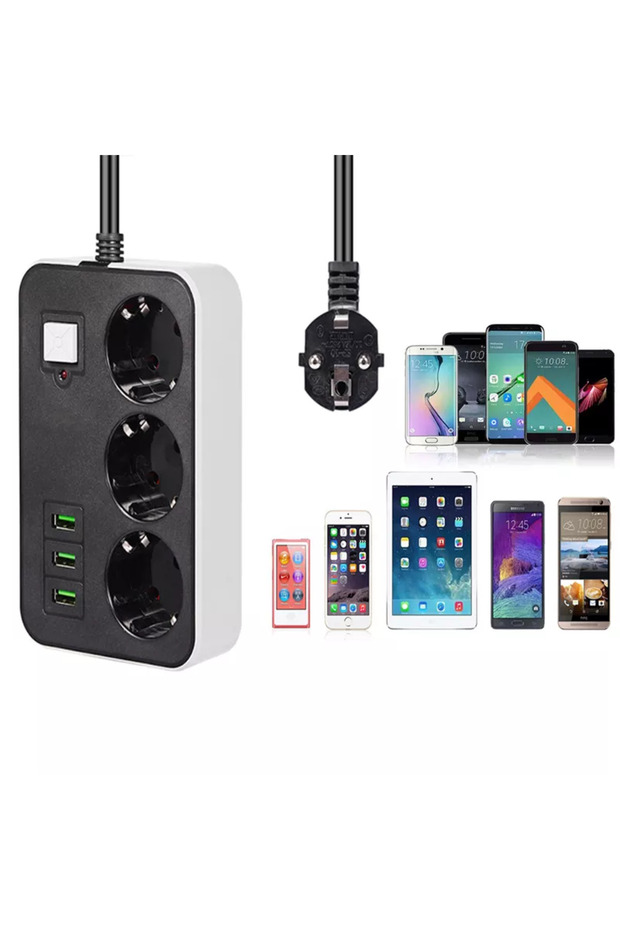 3 مقابس محمية من زيادة التيار بطول 1.8 متر مع 3 منافذ USB - 5
