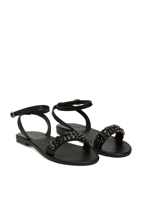 Siyah Kadın Deri Sandalet - 1
