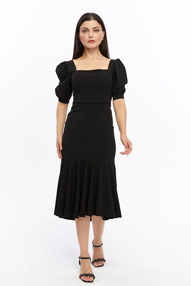 Black Color Crepe Fabric Square Collar Balloon Sleeve Fish Model Midi Length Dress