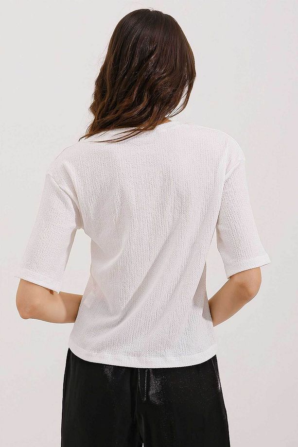0472 Baskılı Oversize Örme Tişört - Beyaz - 5