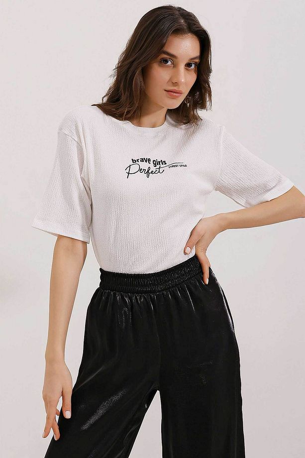 0472 Baskılı Oversize Örme Tişört - Beyaz - 1