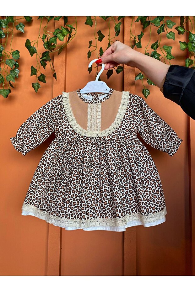 Lace Detailed Leopard Patterned Cotton Baby Girl Dress