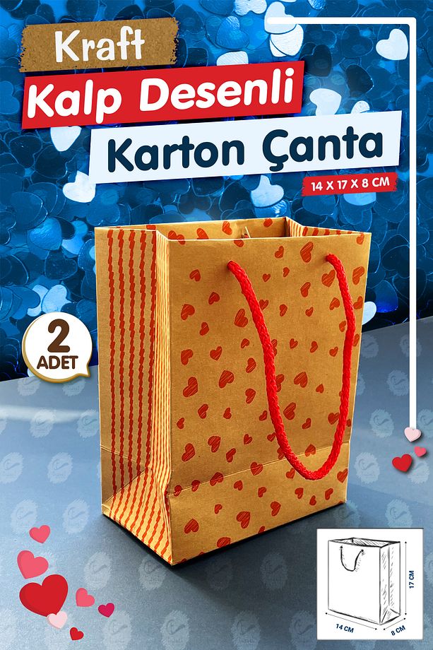 Kraft Karton Çanta Kalp Desenli Hediye Paketi Çanta Poşet 2'li 14*17*8cm-T1067 - 1
