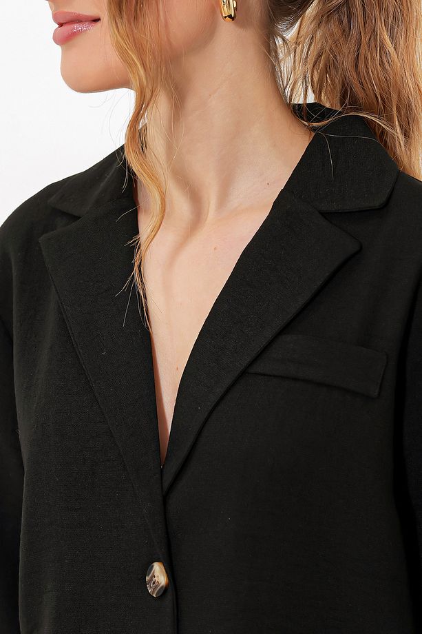 Kadın Siyah Çift Düğmeli Oversize Crop Keten Ceket 0706 - 3