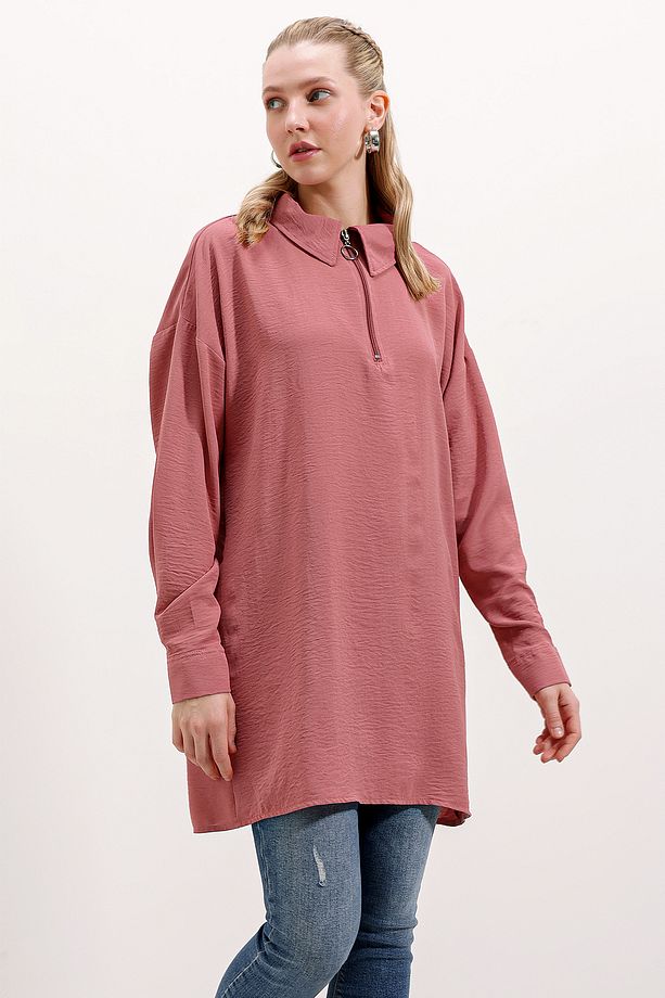 5917 Fermuarlı Oversize Tunik - Gül Kurusu - 2