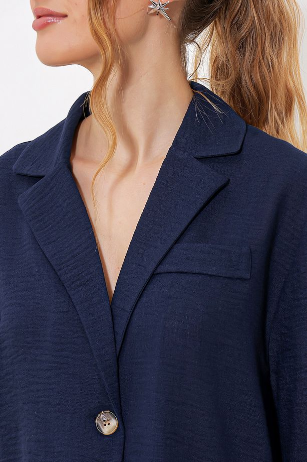 Kadın Lacivert Çift Düğmeli Oversize Crop Keten Ceket 0706 - 4