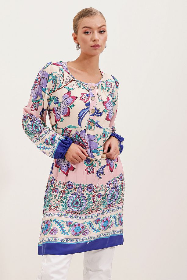 5902 Kemerli Desenli Elbise - Mor - 1