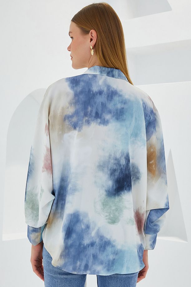 Kadın Mavi Ekru Oversize Dökümlü Saten Gömlek 907 - 5