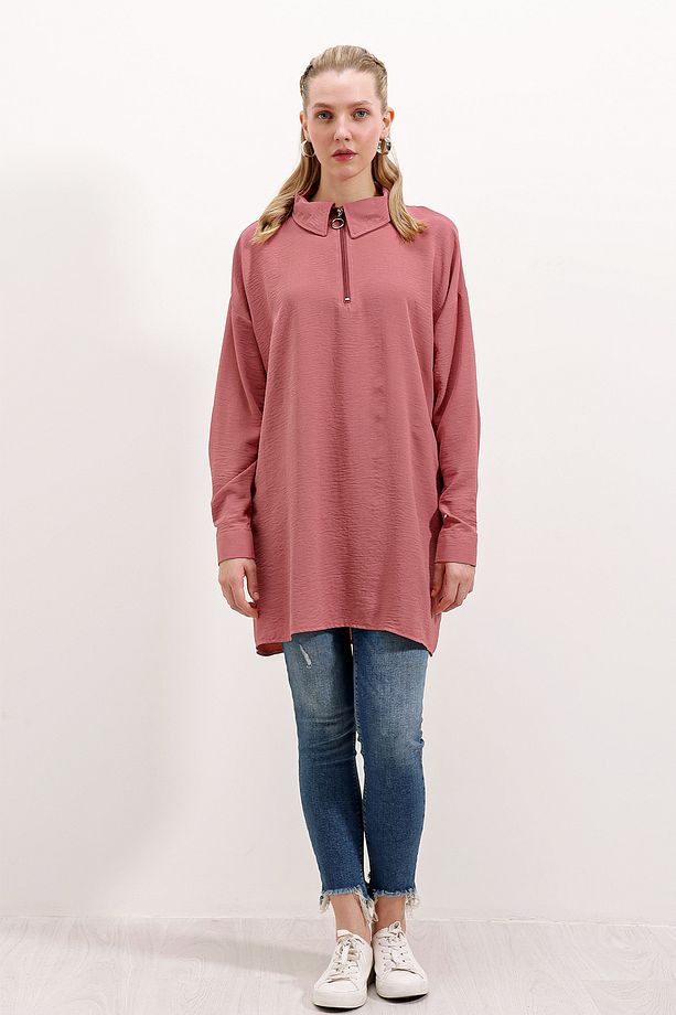 5917 Fermuarlı Oversize Tunik - Gül Kurusu - 3