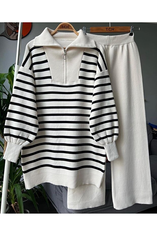 Zipper Detailed Striped Double Knitwear Set
