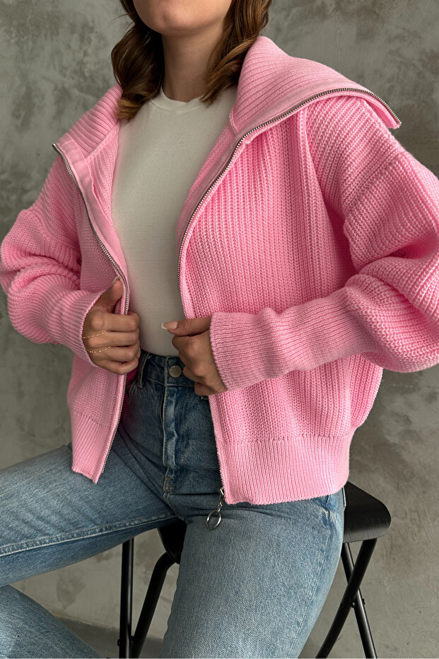 Pembe Devrik Yaka Fermuarlı Triko Hırka - 4