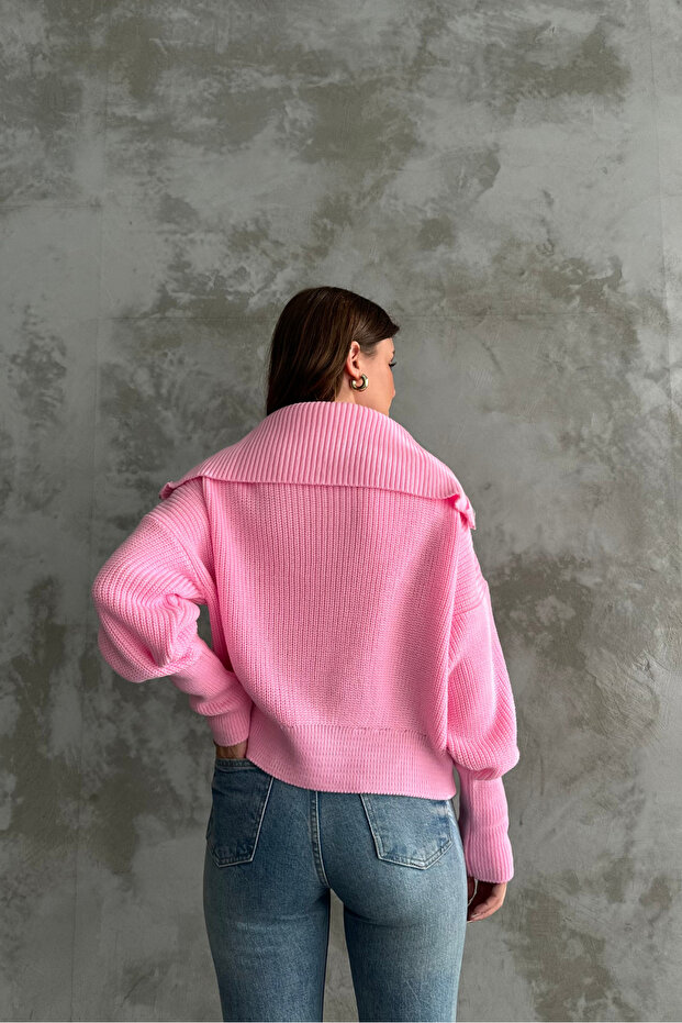 Pembe Devrik Yaka Fermuarlı Triko Hırka - 8