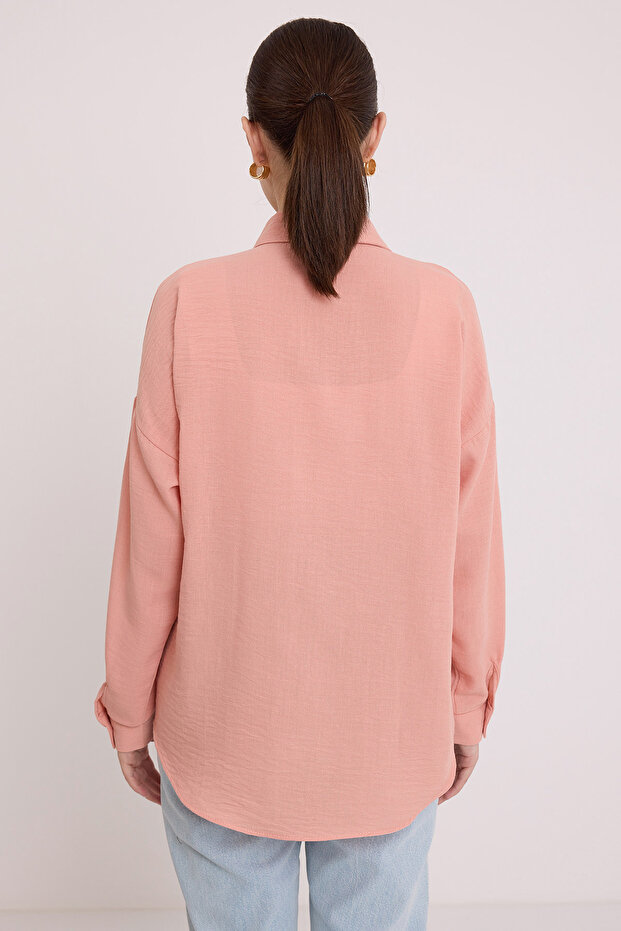20153 Tek Cepli Oversize Keten Gömlek - Somon - 7