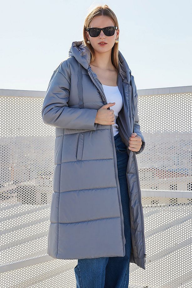 5120 Kapşonlu Uzun Şişme Mont - Gri - 1