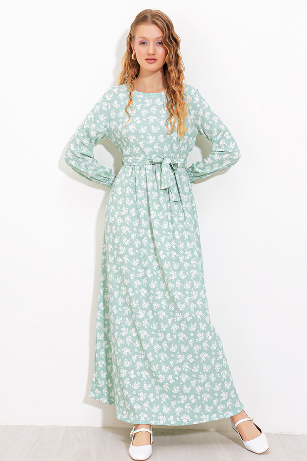 Women's Green Ecru Floral Patterned Knitted Hijab Dress 1525