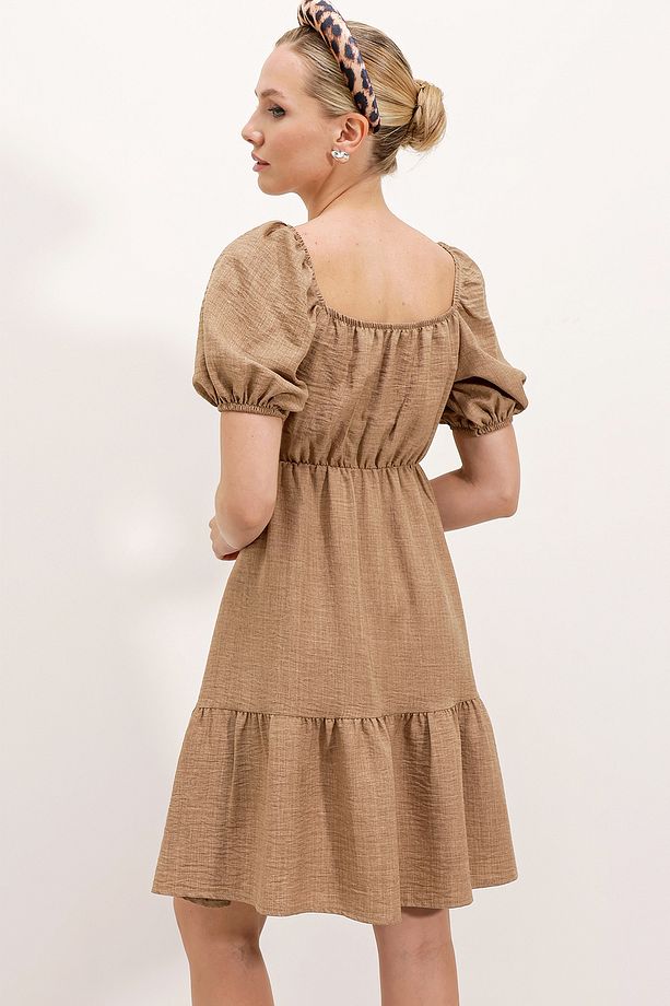 2351 Kloş Poplin Elbise - Camel - 4