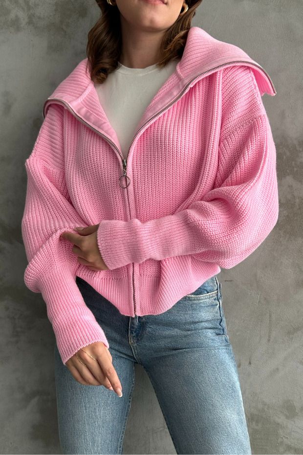 Pembe Devrik Yaka Fermuarlı Triko Hırka - 7