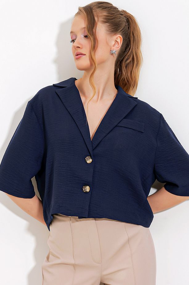 Kadın Lacivert Çift Düğmeli Oversize Crop Keten Ceket 0706 - 3