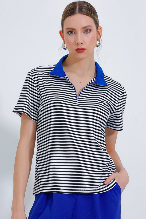 Women's Cobalt Blue Polo Neck Zippered Striped T-Shirt 0497