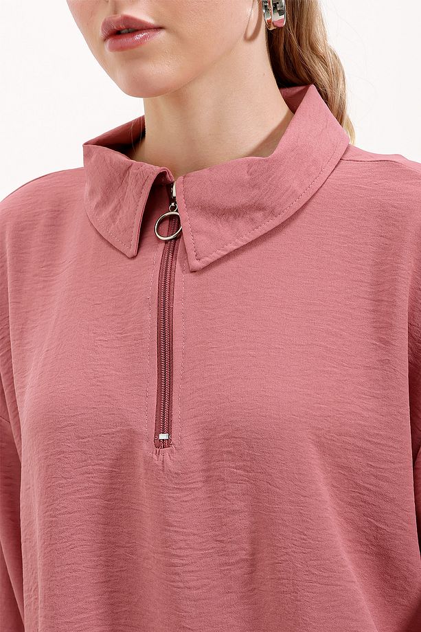 5917 Fermuarlı Oversize Tunik - Gül Kurusu - 4